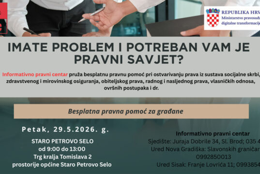 IPC – Sutra u petak 29. svibnja BESPLATNA PRAVNA POMOĆ za građane Općine Staro Petrovo Selo od 9 do 13 sati