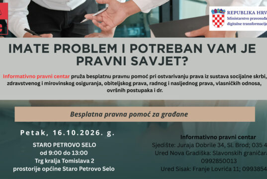 IPC – U petak 16. listopada BESPLATNA PRAVNA POMOĆ za građane Općine Staro Petrovo Selo od 9 do 13 sati
